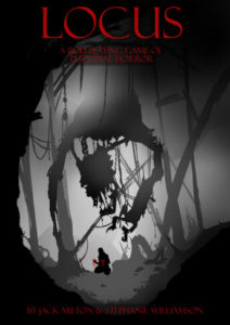 Cover Art for Locus. Greyscale picture shows a figure alone in a mangled wood