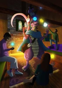 Dragonborn juggling colored balls of magic in front of humanoid students
