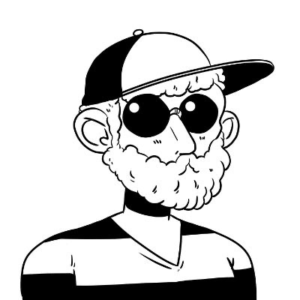 Black and white sketch of a bearded man wearing a hate, sun glasses and a striped v neck shirt. 