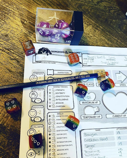 dungeons and dragons character sheet, two sets of polyhedral dice and a pencil