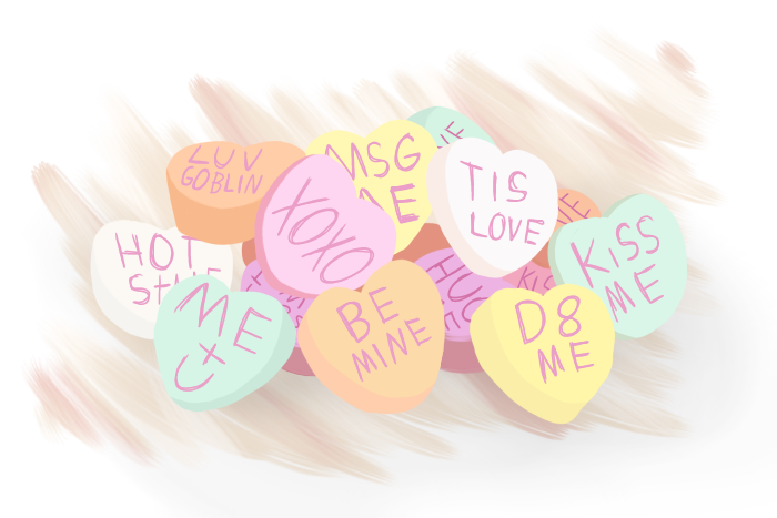 Pile of cartoon candy hearts