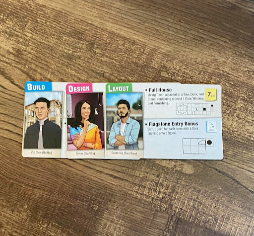 Floor plan cards showing images of diverse people on cards that are titles Build, Design and Layout