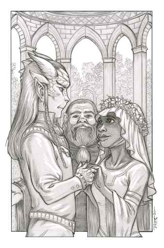 Black and white sketch of a tiefling man and elf woman getting married by a drawf man