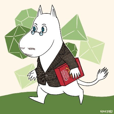 White dog walking on two legs wears a jacked, glasses and is holding a book. Outline of polyhedral dice in the background.
