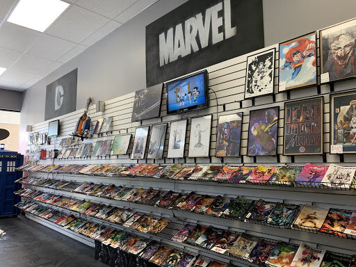 Large wall full of comic books