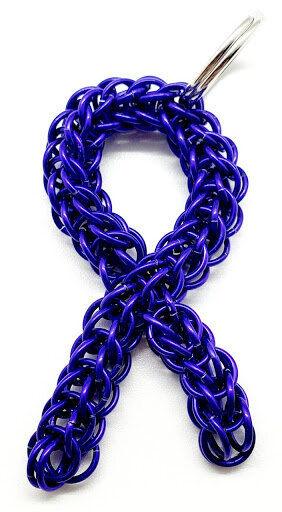 Purple cancer awareness ribbon made out of chainmaille