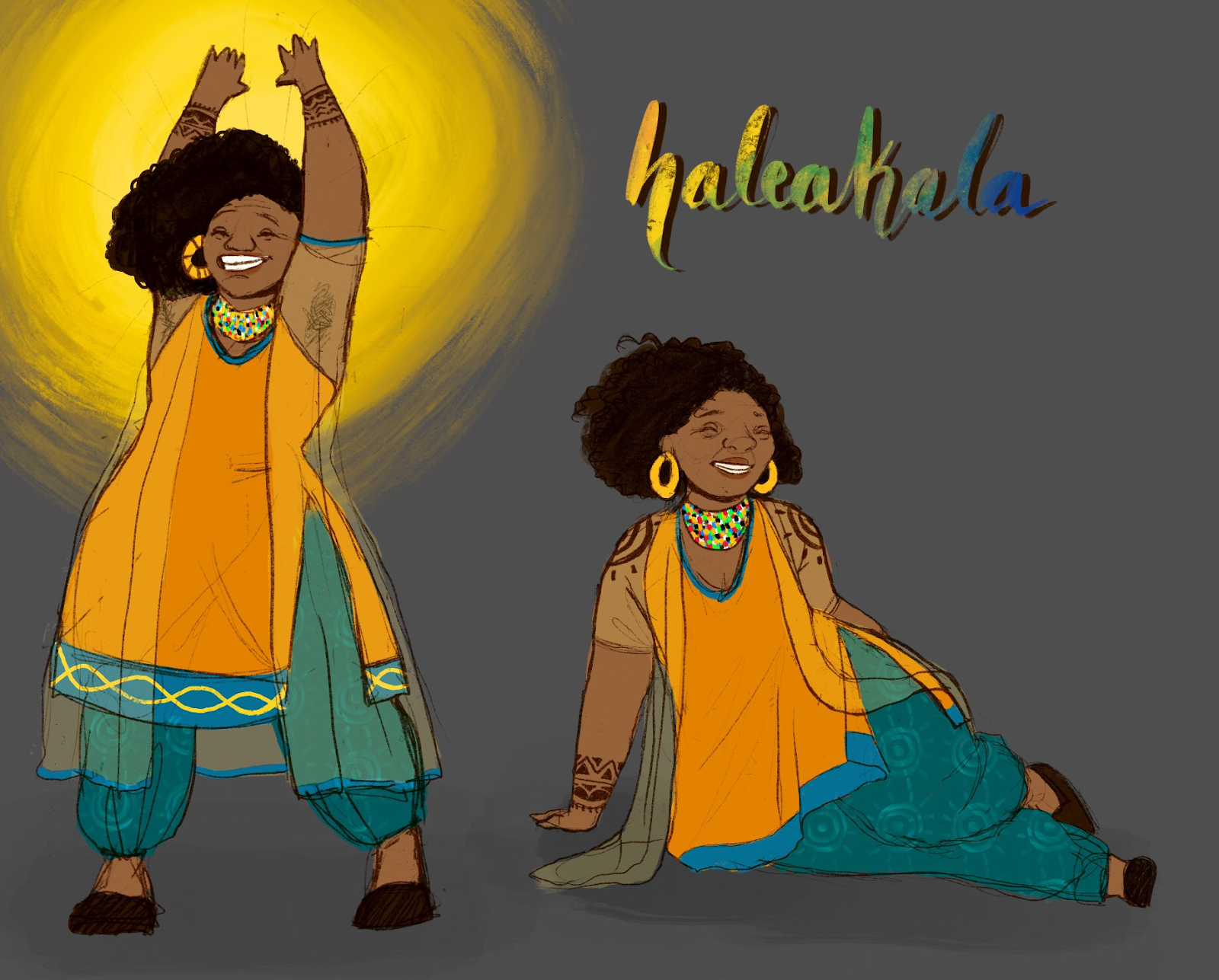 Brown Skinned trans goddess Haleakalā flowing clothing has a look on joy on they face 