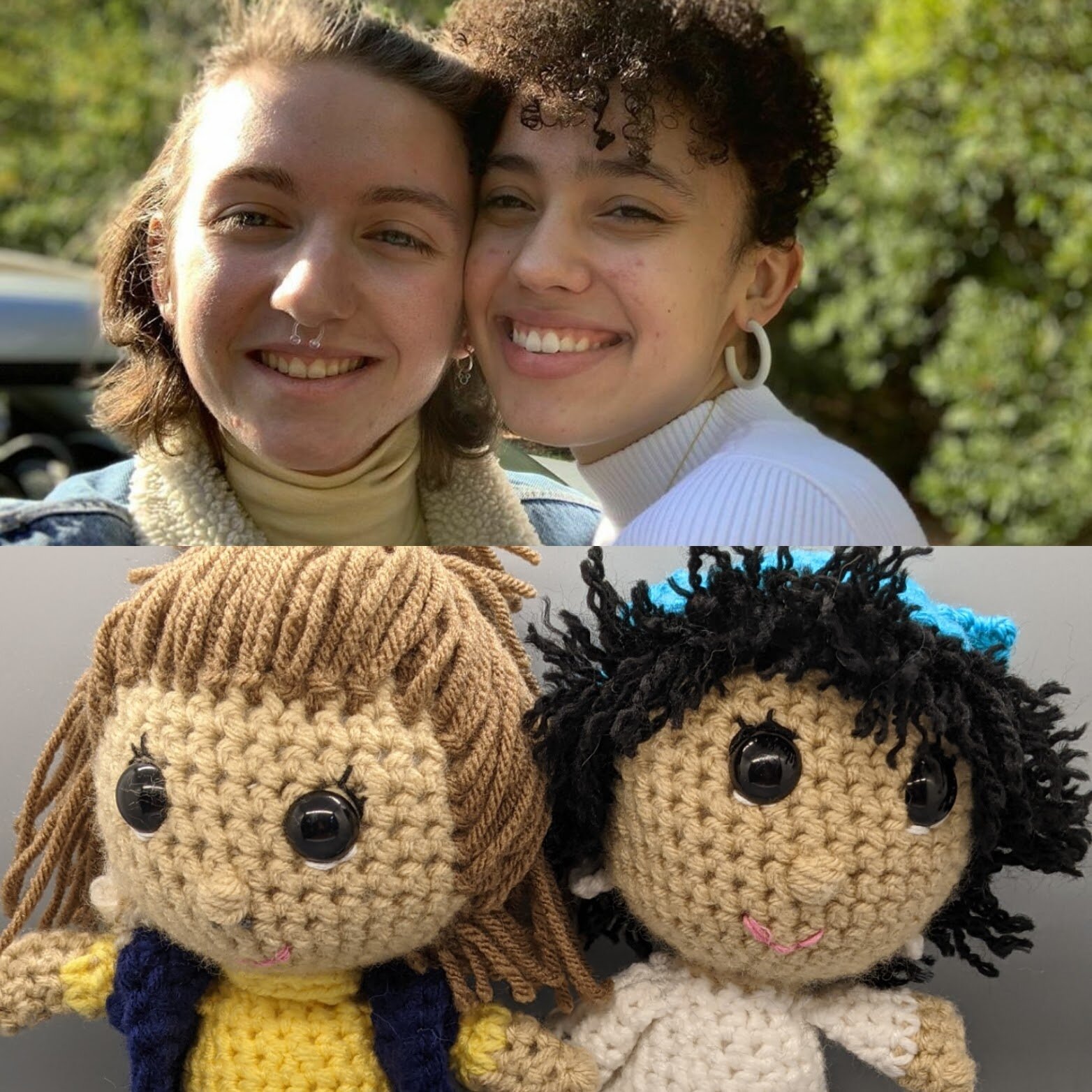 A real life human couple on top and a crocheted version of the couple on the bottom