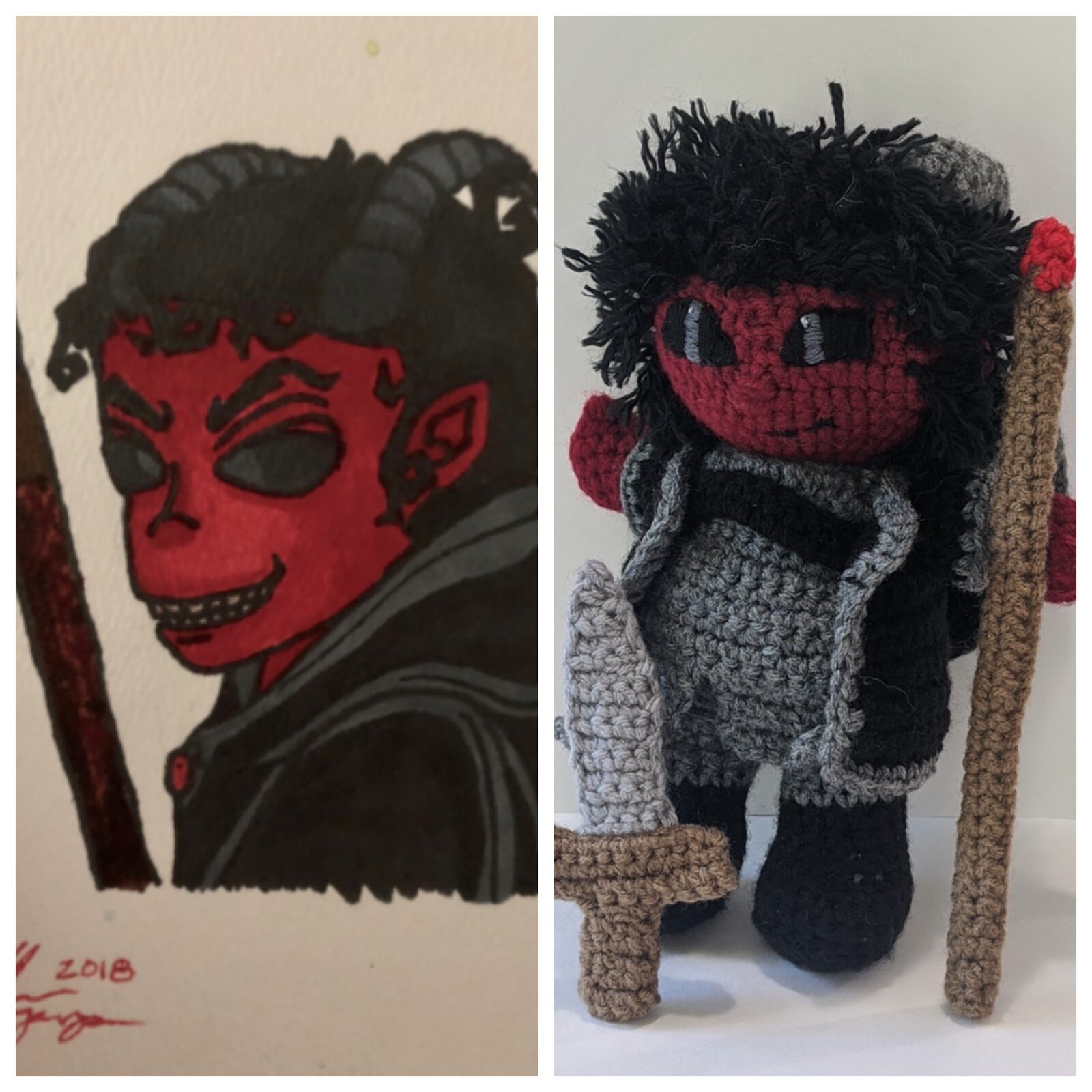 Drawing of a red humanoid on the left. Crochet version of the right.