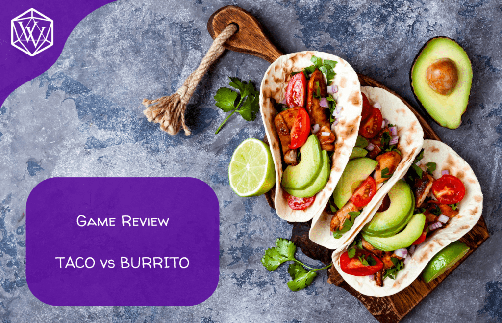 Text reads: Game Review: Taco Versus Burrito over tacos in the background