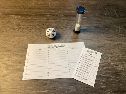 Scattergories List, paper, timer and die