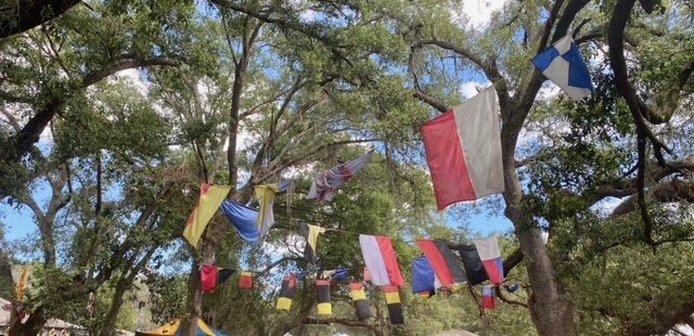 Multicolored flags and banners hang under a canopy of trees