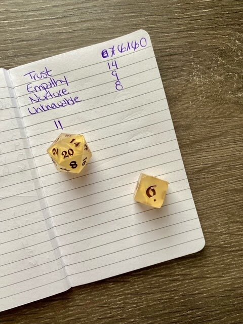 Stats rolled for my play through. Honey & Dice from Die Hard Dice featured.