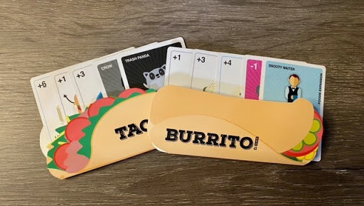 Two sets of cards in taco and burrito card holders