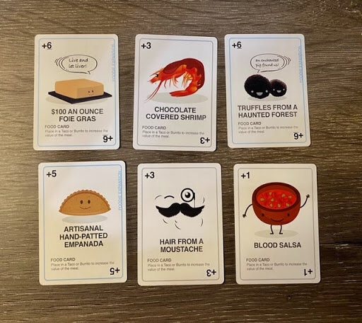 Six ingredients cards with titles like blood salsa and chocolate covered shrimp