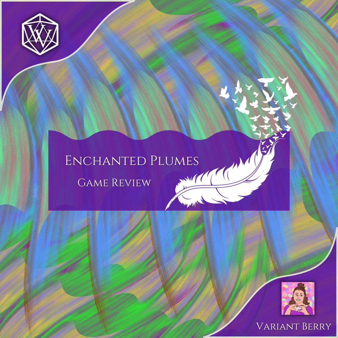 Text reads: Enchanted Plumes Game Review over brightly colored feathers 
