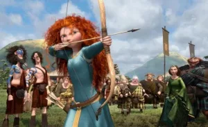 Red-haired light skinned girl holding a bow and arrow