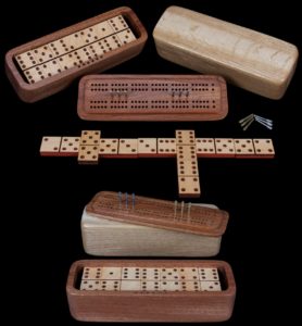 wooden domino set with cribbage board