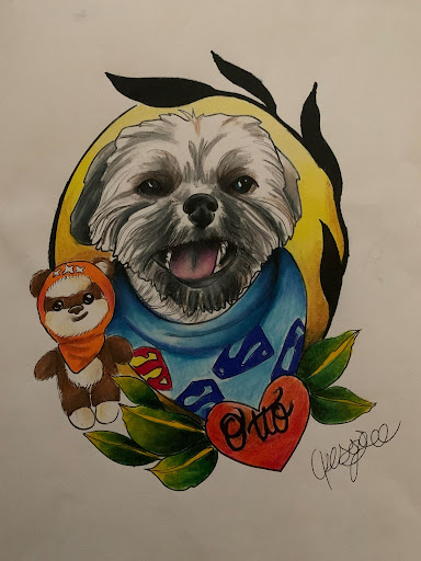 Picture of dog with an Ewok toy. Name underneath reads "Otto"