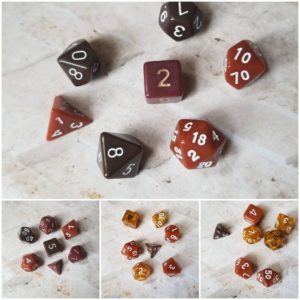 Multi colored brown polyhedral dice