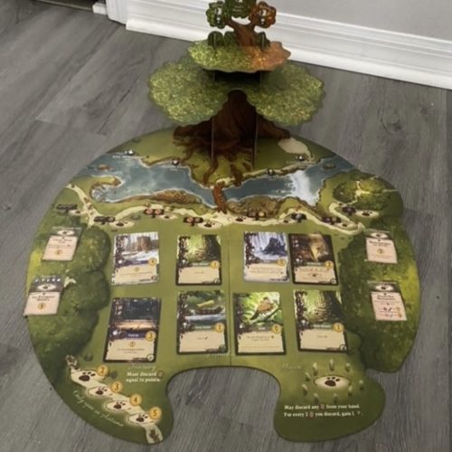 Everdell Board set up with Everdell Tree standing at the back of the board